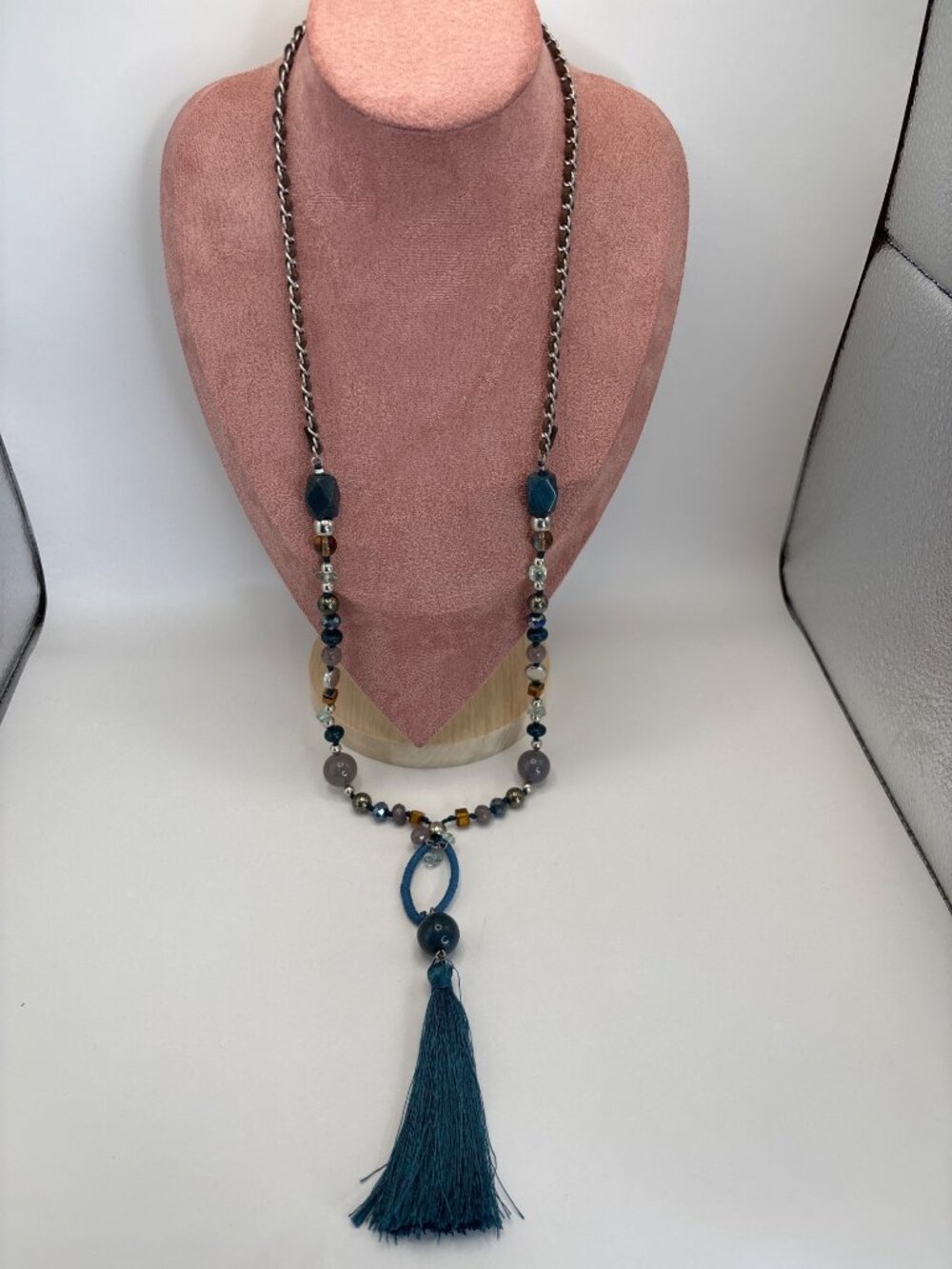 Long Boho Style Long 30" Necklace Faux Beads with Drop Tassel Teal Blue
